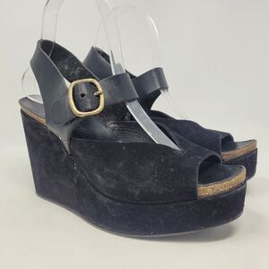 Pedro Garcia Sandals IT38.5 US8 Black Leather Suede Wedge Platform Rock Buckle